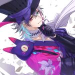  1boy bishounen black_gloves blue_eyes blue_hair card coat creature creature_on_shoulder eyeshadow floral_print gavis_bettel gloves grey_hair hair_between_eyes hat hat_ribbon heterochromia highres holostars holostars_english isal_(lasi) looking_at_viewer makeup male_focus multicolored_coat multicolored_hair on_shoulder phantom_(gavis_bettel) pink_eyes pink_eyeshadow pink_hair playing_card ribbon scarf smile solo top_hat upper_body virtual_youtuber white_background white_scarf 