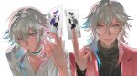  2boys absurdres androgynous bettel_2_(gavis_bettel) bishounen black_sweater blue_eyes blue_hair brothers card english_commentary eyelashes eyeshadow facing_viewer food food_in_mouth gavis_bettel glasses grey_hair hair_between_eyes heterochromia highres holding holding_card holostars holostars_english jacket joker_(playing_card) jullian_kk lipgloss looking_at_another looking_at_viewer makeup male_focus medium_hair mole mole_under_eye multicolored_hair multiple_boys one_eye_closed open_clothes open_jacket pink_eyes pink_eyeshadow pink_hair pink_jacket pink_lips playing_card pocky pocky_in_mouth portrait purple_eyeshadow purple_nails shirt siblings sweater twins twitter_username virtual_youtuber white_background white_shirt 