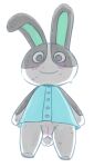2023 animal_crossing anthro black_eyes blue_clothing blue_shirt blue_topwear bluescape735 blush bodily_fluids body_blush bottomless chibi clothed clothing dotty_(animal_crossing) female fur genitals grey_body grey_fur hi_res lagomorph leporid mammal nintendo on_model pussy pussy_blush rabbit shaded_face shadow shirt simple_background smile smiling_at_viewer solo standing sweat topwear white_background white_body white_fur