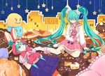  animal_hood aqua_hair arm_support blue_eyes bunny bunny_hood cake candy closed_eyes dual_persona food gloves hatsune_miku hood hyokko_(hiyotuko) ice_cream jelly_bean long_hair lots_of_laugh_(vocaloid) multiple_girls school_uniform scrunchie serafuku skirt socks star sweets twintails very_long_hair vocaloid 