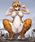 2024 anthro arknights bodily_fluids breasts city crouching eyewear feet felid female fingers front_view genital_fluids genitals glasses hair hi_res hypergryph macro mammal multicolored_hair outside pantherine pussy pussy_juice solutionwcs spread_legs spreading studio_montagne tiger toes waaifu_(arknights)