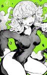 ! !! 1girl absurdres breasts commentary_request curly_hair dress green_background green_eyes greyscale greyscale_with_colored_background highres long_sleeves medium_breasts monochrome one-punch_man open_mouth simple_background solo spoken_exclamation_mark tatsumaki teeth thighs yotsumi_shiro 