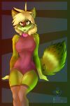 absurd_res anthro blonde_hair canid canine canis clothing eyewear female fur glasses green_body green_fur hair hi_res mammal matz_the_kames orange_eyes solo spots wolf