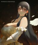  1girl araneesama bare_shoulders black_hair blush breasts choker cleavage collarbone detached_sleeves dress earrings hairband highres jewelry large_breasts long_hair looking_at_viewer parted_lips red_eyes sidelocks solo spy_x_family white_dress yor_briar 