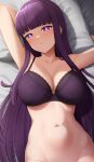  1girl absurdres blunt_bangs bottomless bra breasts cleavage closed_mouth collarbone fern_(sousou_no_frieren) highres long_hair lying navel no_panties on_back on_bed purple_bra purple_eyes purple_hair shadow solo sousou_no_frieren stomach underwear underwear_only yisusjpl 