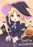  1girl :d alternate_costume animal_hair_ornament black_dress black_footwear black_headwear blonde_hair blush bocchi_the_rock! brown_eyes cape commentary dress english_text eyebrows_hidden_by_hair frilled_dress frills full_body hair_ornament halloween hand_in_own_hair hand_up hat highres holding holding_lantern ijichi_nijika jack-o&#039;-lantern lantern leg_up long_hair long_sleeves looking_at_viewer nanami_ayane_(kusunoki5050) one_side_up open_mouth outstretched_arms pleated_dress pumpkin sidelocks smile solo standing standing_on_one_leg star_(symbol) witch witch_hat 