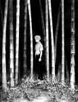  1boy bamboo bamboo_forest belt collared_shirt dress_shirt forest from_side greyscale hikaru_(hikaru_ga_shinda_natsu) hikaru_ga_shinda_natsu looking_at_viewer looking_to_the_side male_focus mokumokuren_(mokmok_len) monochrome nature outdoors pants school_uniform shirt shoes short_hair short_sleeves smile sneakers solo standing 