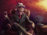 anthro bovid caprine chair cigarette clothing container cup drinking_glass furniture glass glass_container glass_cup goat grinning_at_viewer hat headgear headwear hi_res mafia male mammal necktie oil painterly purple_eyes simple_background sitting solo suit sydney_onmars wine_glass