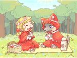  1boy 1girl ^_^ big_bad_wolf blanket blonde_hair closed_eyes cup food grass greyscale happy head_wreath highres holding holding_cup holding_food hood kumori_nohi little_red_riding_hood little_red_riding_hood_(grimm) missing_tooth monochrome mug open_mouth outdoors picnic picnic_basket sandwich sitting thermos tree wolf 
