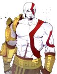  1boy abs absurdres armor arms_at_sides bald belt biceps black_eyes bodypaint chain chain_around_arm clenched_hands closed_mouth collarbone colored_skin cowboy_shot deltoids facial_hair goatee god_of_war gold_armor greek_key highres isaacchief300 kratos lips looking_at_viewer male_focus nipples nose obliques pectorals pelvic_curtain scar scar_across_eye scar_on_stomach shoulder_armor simple_background standing strongman_waist trapezius vambraces white_background white_skin 