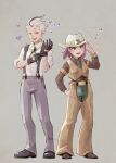  clay_(pokemon) cosplay cowboy cowboy_hat cowboy_western drayden_(pokemon) drayton_(pokemon) eyelashes facial_hair gloves hat heart lacey_(pokemon) looking_at_viewer multicolored_hair open_mouth pink_hair pokemon pokemon_sv purple_hair ringorosun shirt short_hair smile two-tone_hair white_hair yellow_eyes 