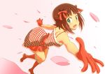  amami_haruka bare_shoulders boots brown_hair dress gloves green_eyes hair_ribbon highres idolmaster idolmaster_(classic) open_mouth outstretched_arm outstretched_hand petals ribbon santa_boots short_hair smile solo suneo_(goten) 