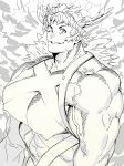  1boy bara character_request chest_harness granblue_fantasy greyscale grin halo_behind_head harness highres horns huge_pectorals looking_at_viewer mabataki male_focus monochrome muscular muscular_male nipples one_eye_closed short_hair smile solo thick_eyebrows upper_body veins veiny_arms 