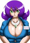  breasts crystal green_eyes no_bra purple_hair smile smiles 