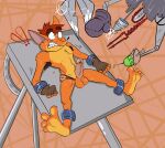 activision ankle_cuffs anthro balls bandicoot crash_bandicoot crash_bandicoot_(series) cuff_(restraint) erection genitals hi_res humanoid_genitalia humanoid_penis imminent_death lance_of_longinus male mammal marsupial maverickk_(artist) metal_cuffs metal_table penis restraints strapped_down strapped_to_a_table syringe