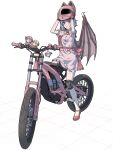  1girl absurdres animal_ears_helmet arms_up bicycle blue_hair bow cat_helmet collared_shirt demon_wings frilled_shirt_collar frilled_skirt frilled_sleeves frills full_body fumo_(doll) gloves grid highres knee_pads looking_at_viewer mary_janes parted_lips pink_headwear pink_shirt pink_skirt red_eyes red_footwear red_gloves remilia_scarlet removing_helmet riding riding_bicycle shirt shoes short_hair short_sleeves skirt sleeve_garter slit_pupils solo thighhighs touhou waist_bow white_background white_thighhighs wings youpofen yukkuri_shiteitte_ne 