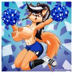 absurd_res anthro big_breasts black_hair blue_eyes blush bottomwear breasts canid canine cheerleader cheerleader_outfit clothing darkadibuja elizabeth_fox female footwear fox fur hair hi_res legwear mammal nipples orange_body orange_fur red_eyes shoes shorts sneakers solo stockings tail