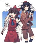  2girls ascot black_hair blue_ascot bow brown_jacket brown_shorts camera closed_mouth collared_shirt detached_sleeves frilled_bow frilled_hair_tubes frills hair_bow hair_tubes hakurei_reimu hand_on_own_head hand_on_own_hip hat hauchiwa holding holding_camera jacket long_sleeves multiple_girls necktie no_wings open_mouth pointy_ears re_ghotion red_bow red_eyes red_necktie red_skirt ribbon-trimmed_sleeves ribbon_trim shameimaru_aya shameimaru_aya_(newsboy) shirt short_hair shorts skirt skirt_set smile speech_bubble squiggle suit_jacket sweatdrop tokin_hat touhou white_shirt 
