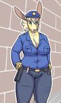  blue_eyes breasts brick_wall chubby cleavage clothed clothing female frank frank_westerveldt handcuffs holster pepper_spray police police_hat police_uniform ritts shackles smile 