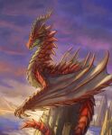  absurdres claws cloud cloudy_sky commentary_request dragon dragon_tail dragon_wings fins head_fins highres horns mountain nasuno_posi no_humans pixiv_fantasia pixiv_fantasia_last_saga red_scales sky spikes tail water wings wyvern 