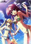  :d absurdres amano_hotaru bangle bikini blonde_hair blue_eyes bow bracelet breasts brown_hair cleavage cloud copyright_name day floral_print hair_bow hair_ornament hairclip highres huge_filesize innertube jewelry long_hair looking_at_viewer medium_breasts minori multiple_girls nanao_naru narumi_sakura navel open_mouth side-tie_bikini sky smile striped striped_bikini striped_swimsuit sunlight supipara swimsuit tree twintails yuuki_tatsuya 