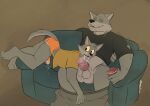 anthro balls bottomwear bottomwear_down bulge canid canine canis clothed clothing duo eddie_(orf) father_(lore) father_and_child_(lore) father_and_son_(lore) furniture genitals hi_res humanoid_genitalia humanoid_penis incest_(lore) male male/male mammal maverickk_(artist) pants pants_down parent_(lore) parent_and_child_(lore) parent_and_son_(lore) partially_clothed penis sam_(orf) sofa son_(lore) underwear wolf