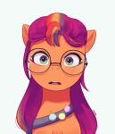 absurd_res badge bag earth_pony equid equine eyewear fur glasses green_eyes hair hasbro hi_res horse looking_at_viewer mammal marenlicious mlp_g5 my_little_pony orange_body orange_fur pony portrait purple_hair shoulder_bag simple_background solo sunny_starscout_(mlp) white_background