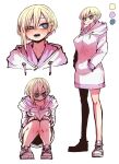  1girl asymmetrical_hair blonde_hair blue_eyes breasts cleavage closed_mouth color_guide highres hood hoodie legs_together no_mouth open_mouth original shoes single_sidelock smile sneakers squatting standing tomboy upper_body white_background white_hoodie wide-eyed zyugoya 