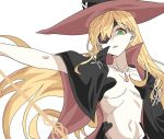  1girl black_cape black_headwear blonde_hair breasts cape collarbone eyepatch green_eyes gungnir_(toaru) hat highres holding holding_polearm holding_weapon katze_(spongebob792) long_hair looking_at_viewer medium_breasts navel open_mouth othinus partially_shaded_face polearm revealing_clothes solo toaru_majutsu_no_index toaru_majutsu_no_index:_new_testament two-sided_cape two-sided_fabric two-sided_headwear upper_body very_long_hair weapon white_background witch_hat 