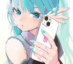  1girl adjusting_hair aqua_hair aqua_nails bare_shoulders blue_eyes cellphone collared_shirt colored_eyelashes commentary_request detached_sleeves grey_shirt hand_in_own_hair hands_up hatsune_miku highres long_hair nail_art phone picogames_off puckered_lips shirt sideways_glance simple_background smartphone solo upper_body vocaloid white_background 