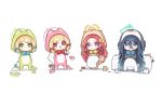  absurdres animal animal_costume banana_(banana_draw) blonde_hair blue_archive blue_bow blush bow cat cat_costume chibi full_body green_eyes green_halo hair_bow halo highres long_sleeves looking_at_viewer midori_(blue_archive) momoi_(blue_archive) pink_halo red_bow red_eyes short_hair simple_background standing white_background 