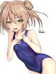  1girl blush breasts brown_eyes collarbone competition_swimsuit cowboy_shot dated double_bun hair_bun highres kantai_collection light_brown_hair looking_at_viewer michishio_(kancolle) montemasa one-piece_swimsuit open_mouth purple_one-piece_swimsuit short_hair short_twintails small_breasts swimsuit twintails twitter_username 