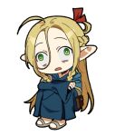  1girl ahoge blue_capelet blue_robe capelet chibi detached_hood dungeon_meshi elf hood hooded_capelet long_hair marcille_donato p_(pm_611a) pointy_ears robe solo 