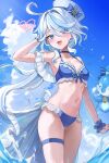  1girl 2k_(tldntkfkdro) :d absurdres adjusting_hair ahoge alternate_costume armpits bikini blue_bikini blue_choker blue_eyes blue_sky blurry breasts bubbly_seahorse_(genshin_impact) choker cleavage cloud cloudy_sky collarbone commentary depth_of_field detached_sleeves drop-shaped_pupils english_commentary furina_(genshin_impact) genshin_impact hair_between_eyes hat heterochromia highres long_hair looking_at_viewer low_twintails mismatched_pupils multicolored_hair navel scrunchie short_sleeves sidelocks signature sky small_breasts smile solo stomach streaked_hair swimsuit thighlet top_hat twintails two-tone_hair wavy_hair white_hair wrist_scrunchie 