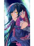  1girl abstract_background black_hair blue_background blue_hair blue_jacket blue_nails braid chain changjingliu_ren_ren checkered_clothes checkered_jacket commentary floating_hair from_side grin hand_on_headphones hand_up harusaruhi headphones highres jacket kamitsubaki_studio long_hair looking_at_viewer looking_to_the_side multicolored_clothes multicolored_hair multicolored_jacket pillarboxed red_hair red_jacket shoulder_strap side_braid smile solo tank_top upper_body virtual_youtuber white_tank_top yellow_eyes yellow_lips 