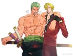  2boys abs absurdres arm_around_shoulder bara blonde_hair blood_on_pectorals breath cowboy_shot curly_eyebrows exhausted facial_hair fighting_stance goatee green_hair hair_over_one_eye highres large_hands large_pectorals looking_ahead male_focus multiple_boys muscular muscular_male nipples one_piece pectorals ready_to_draw roronoa_zoro sanji_(one_piece) scar scar_across_eye short_hair sweetdou3 topless_male 