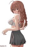  1girl ahoge bra braid breasts brown_eyes brown_hair cleavage cowboy_shot from_behind grey_skirt highres kantai_collection long_hair looking_at_viewer medium_breasts one-hour_drawing_challenge pleated_skirt shinshuu_maru_(kancolle) simple_background skirt solo twin_braids twitter_username underwear white_background white_bra yamano_rita 