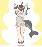  animal_ears black_hair blonde_hair blowhole blue_hair blush cetacean_tail common_dolphin_(kemono_friends) coroha cosplay dolphin_girl dorsal_fin fins fish_tail glasses jumping kemono_friends kemono_friends_3 meerkat_(kemono_friends) meerkat_(kemono_friends)_(cosplay) multicolored_hair naked_sweater open_mouth short_hair smile sweater tail two-tone_sweater white_hair 