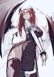  1girl absurdres bat_wings black_skirt black_thighhighs black_vest bound bound_wrists breasts demon_tail hair_between_eyes head_wings highres koakuma large_breasts large_wings long_hair looking_at_viewer po_(anhk5528) red_eyes red_hair shirt short_sleeves side_slit sidelocks simple_background sketch skindentation skirt skirt_set slit_pupils solo tail thighhighs touhou v_arms vest white_background white_shirt wings zettai_ryouiki 