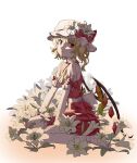  1girl absurdres arm_support blonde_hair bow closed_mouth collared_shirt commentary crystal_wings easter_lily flandre_scarlet flower frilled_shirt_collar frilled_skirt frills from_side full_body hat hat_bow hat_flower highres lily_(flower) looking_at_viewer looking_to_the_side medium_hair medium_skirt mob_cap one_side_up pleated_skirt red_bow red_eyes red_vest shirt short_sleeves sidelighting sitting skirt sleeve_bow sleeve_garter smile solo touhou vest waist_bow wariza white_background white_bow white_headwear white_lily white_shirt youpofen 