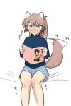  1girl absurdres alternate_costume animal_ears blue_eyes blue_shorts blue_sweater brown_hair feet_out_of_frame fox_ears fox_tail gradient_hair hair_ribbon highres hiryuu_(kancolle) kantai_collection kazagumo_(kancolle) long_hair manga_(object) multicolored_hair ponytail pornography reading ribbon shorts simple_background solo sweater tail tail_wagging tsuru_(thunder_tsuru) white_background 
