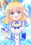  1girl :d arm_up blonde_hair blue_dress blue_eyes blue_ribbon blue_sky blunt_bangs blush bow bowtie breasts cloud cloudy_sky dress elbow_gloves eyebrows_hidden_by_hair frilled_dress frills gloves hand_on_own_hip highres index_finger_raised jewelry lace_trim looking_at_viewer mia_luna_tearmoon nanami_ayane_(kusunoki5050) neck_ribbon open_mouth puffy_short_sleeves puffy_sleeves ribbon short_hair short_sleeves sky smile solo standing tearmoon_teikoku_monogatari tiara upper_body white_gloves wrist_cuffs 