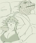  1boy 1girl abs animal_head bra breasts caiman_(dorohedoro) cleavage couple cuddling dorohedoro green_theme hetero highres jade_drop large_breasts large_pectorals long_hair lying monochrome muscular muscular_male nikaidou_(dorohedoro) nipples nude on_back pectorals sleeping sleeping_on_person spikes under_covers underwear upper_body 