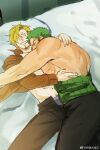  2boys ass bara blonde_hair blush couple curly_eyebrows facial_hair foreplay from_above goatee green_hair grin hair_over_one_eye happy highres hug lying_on_person male_focus multiple_boys muscular muscular_male mustache_stubble one_piece open_clothes open_shirt roronoa_zoro sanji_(one_piece) scar scar_across_eye short_hair smile sparse_navel_hair sweetdou3 topless_male yaoi 