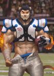 2020 abs absurd_res alcander_(wakatanka4) american_football anthro arm_wraps beard biceps black_clothing black_hair black_underwear bottomwear chest_tuft chinese_text clothing facial_hair felid fire flaming_hair football_field football_pants football_player football_uniform fur gloves hair handwear hi_res lion male mammal muscular muscular_anthro muscular_arms muscular_male obliques orange_body orange_fur pantherine pants pseudo_hair pulling_pants_down red_eyes signature solo sport stadium text thebloodsouls tuft underwear vein veiny_muscles white_bottomwear white_clothing white_pants wraps