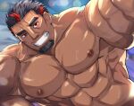  1boy abs bara beard dark-skinned_male dark_skin facial_hair goatee grin highres large_pectorals live_a_hero looking_at_viewer lying mature_male muscular muscular_male mustache_stubble nipples on_side pectorals polaris_mask_(live_a_hero) ramusyutarou sanpaku selfie short_hair smile solo sweat thick_beard thick_eyebrows upper_body 
