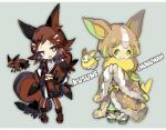  :d animal_ears bags_under_eyes brown_eyes brown_hair brown_kimono brown_pantyhose character_name chibi creature_and_personification dog_ears fang fox_ears fur_trim green_eyes grey_background highres japanese_clothes kantarou_(8kan) kimono light_brown_hair lightning_bolt_symbol looking_at_viewer nickit pantyhose personification pokemon sandals simple_background smile socks standing tail white_socks yamper yellow_eyes 