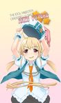  ahoge blonde_hair bow child dancho_(danch) futaba_anzu hat idolmaster idolmaster_cinderella_girls necktie pink_eyes solo twintails 