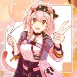  1girl animal_ears arknights balloon bow braid breasts cat_ears cat_girl cat_tail choker goldenglow_(arknights) hair_bow highres holding holding_balloon infection_monitor_(arknights) jacket lightning_bolt_print looking_at_viewer open_mouth pink_hair smile solo standing tail v yatori_suminohi yellow_eyes 