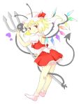  1girl :d antennae back_bow back_cutout blonde_hair bobby_socks bow clothing_cutout demon_tail flandre_scarlet full_body grey_tail hat hat_ribbon heart highres kneepits laevatein_(touhou) long_hair miniskirt mob_cap nonamejd official_style polearm puffy_short_sleeves puffy_sleeves red_eyes red_ribbon red_skirt red_vest ribbon shirt short_sleeves side_ponytail simple_background skirt skirt_set smile socks solo tail tail_raised touhou trident vest weapon white_background white_bow white_headwear white_shirt white_socks wings zun_(style) 